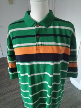 mark. Green Polo with Orange, Navy & White Stripes